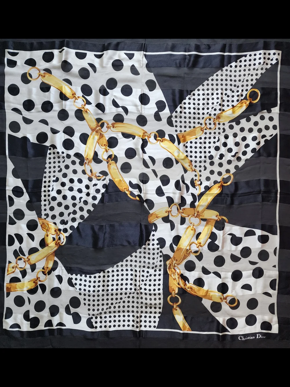 Auth Dior Polka Dot Chain Motif Silk Scarf